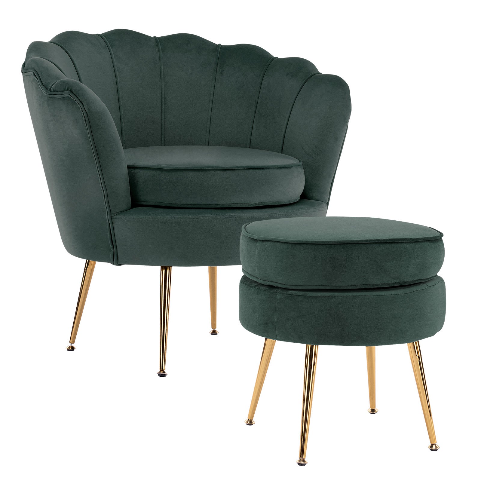 Armchair Lounge Chair Accent Velvet Shell Scallop + Ottoman Footstool Round GREEN - VogueDecor.au