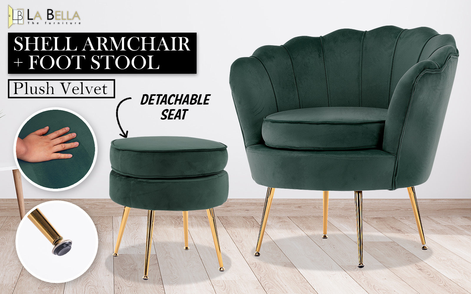 Armchair Lounge Chair Accent Velvet Shell Scallop + Ottoman Footstool Round GREEN - VogueDecor.au