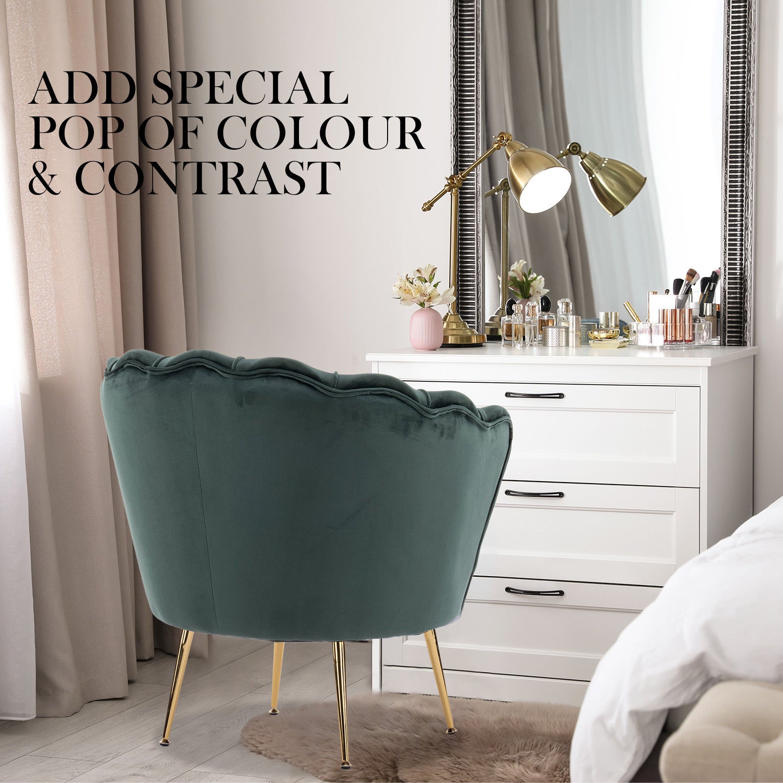 Armchair Lounge Chair Accent Velvet Shell Scallop + Ottoman Footstool Round GREEN - VogueDecor.au