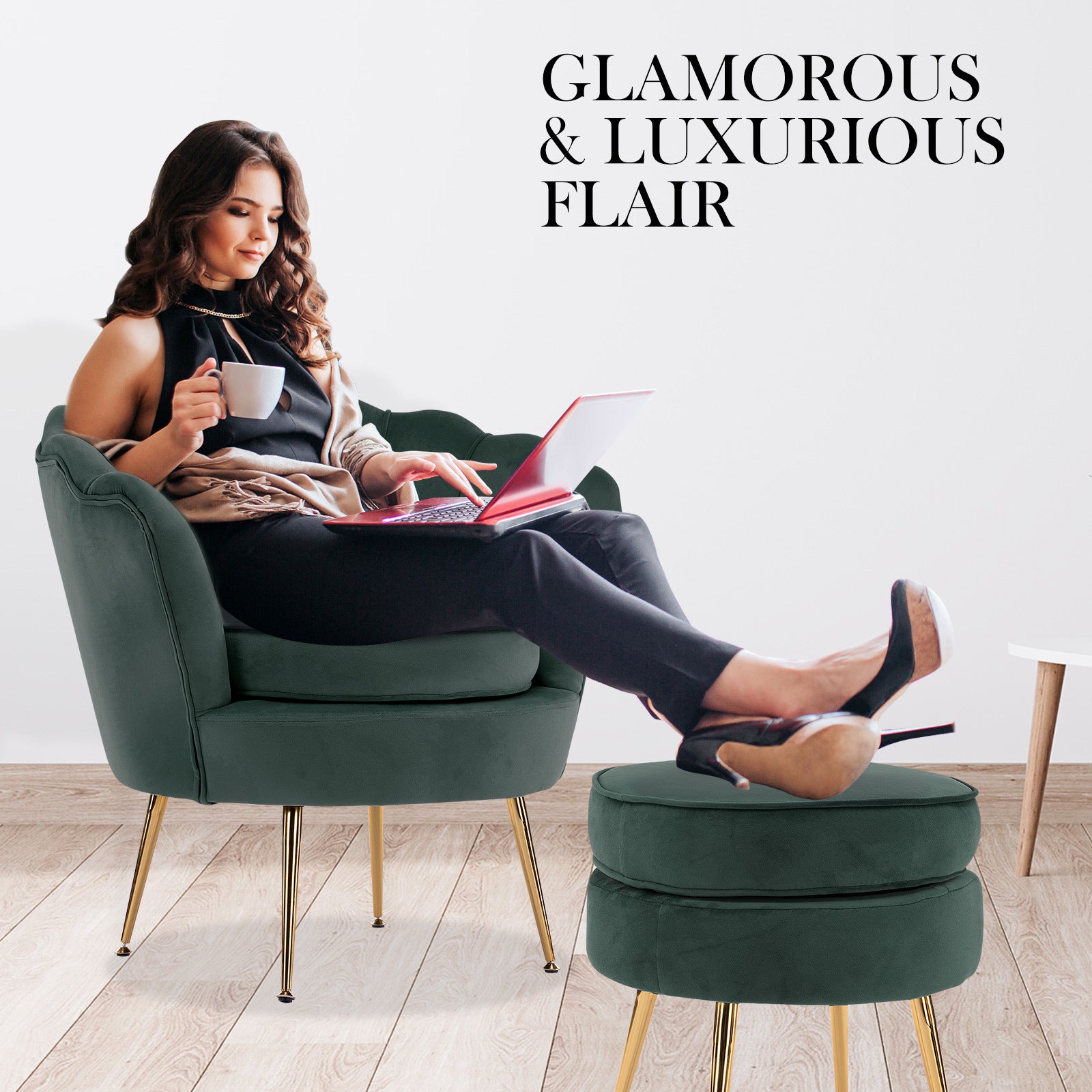 Armchair Lounge Chair Accent Velvet Shell Scallop + Ottoman Footstool Round GREEN - VogueDecor.au