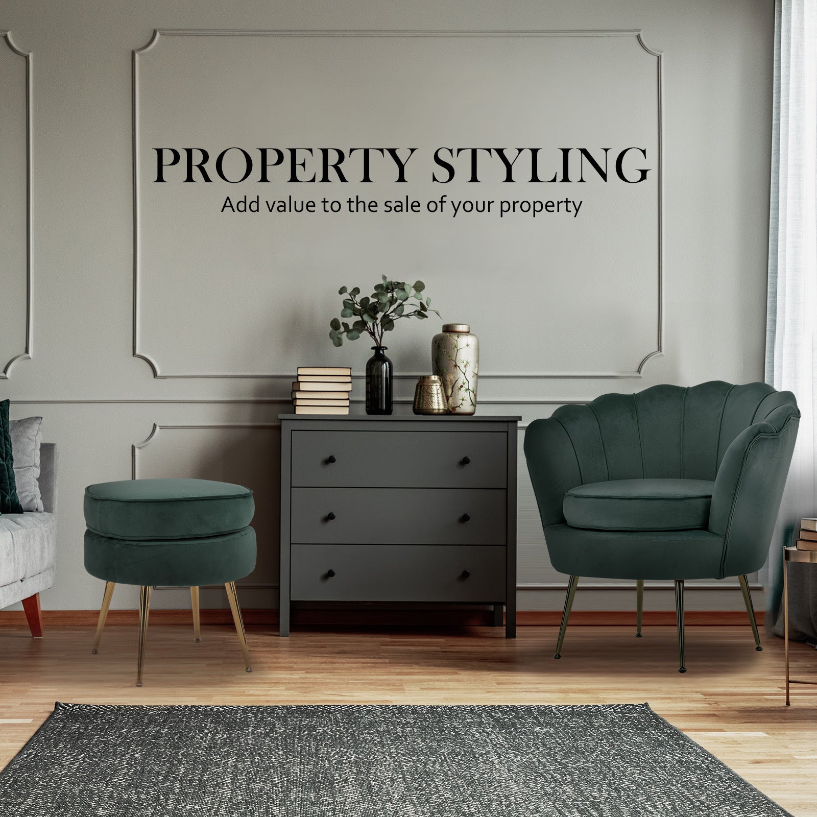 Armchair Lounge Chair Accent Velvet Shell Scallop + Ottoman Footstool Round GREEN - VogueDecor.au