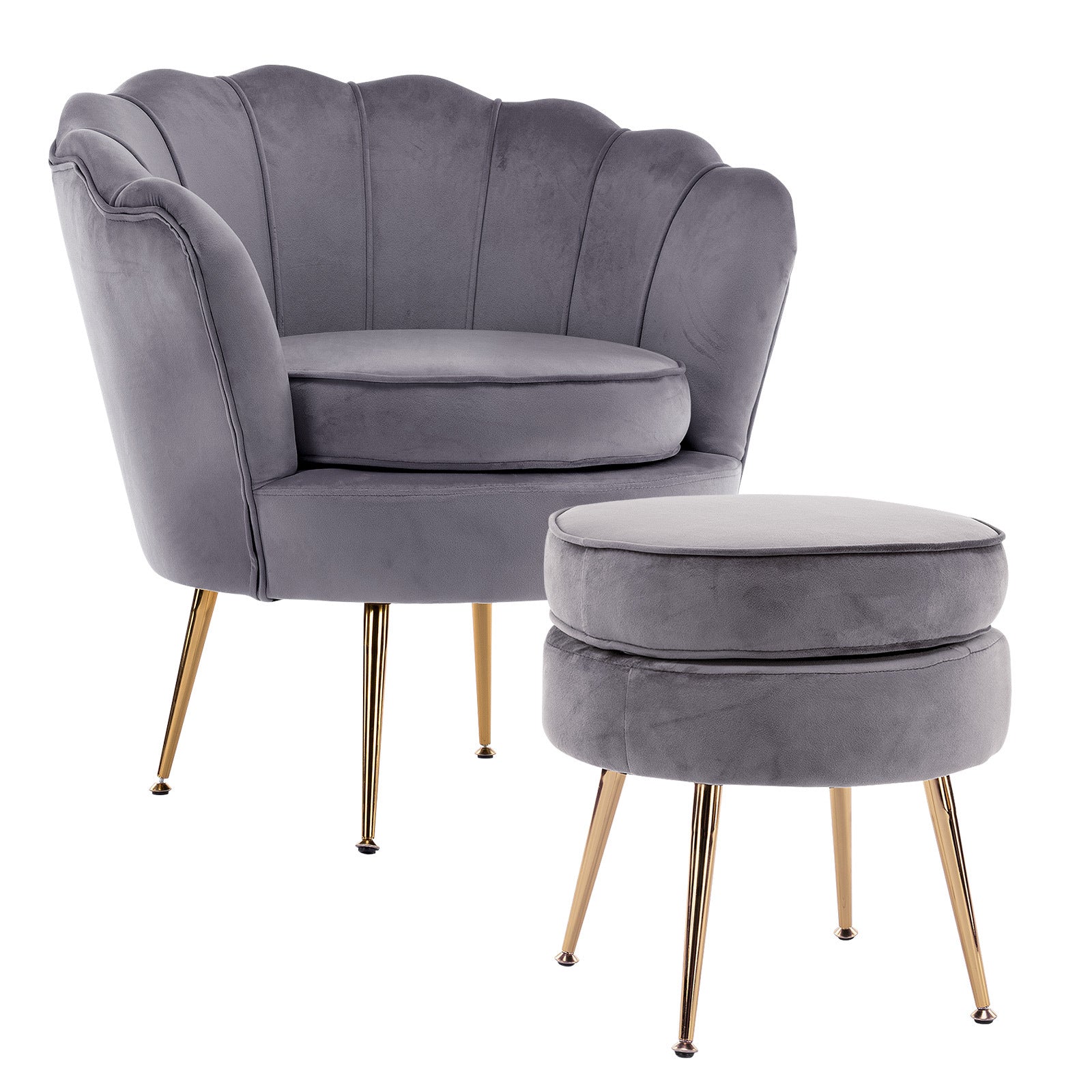 Armchair Lounge Chair Accent Velvet Shell Scallop + Ottoman Footstool Round GREY - VogueDecor.au