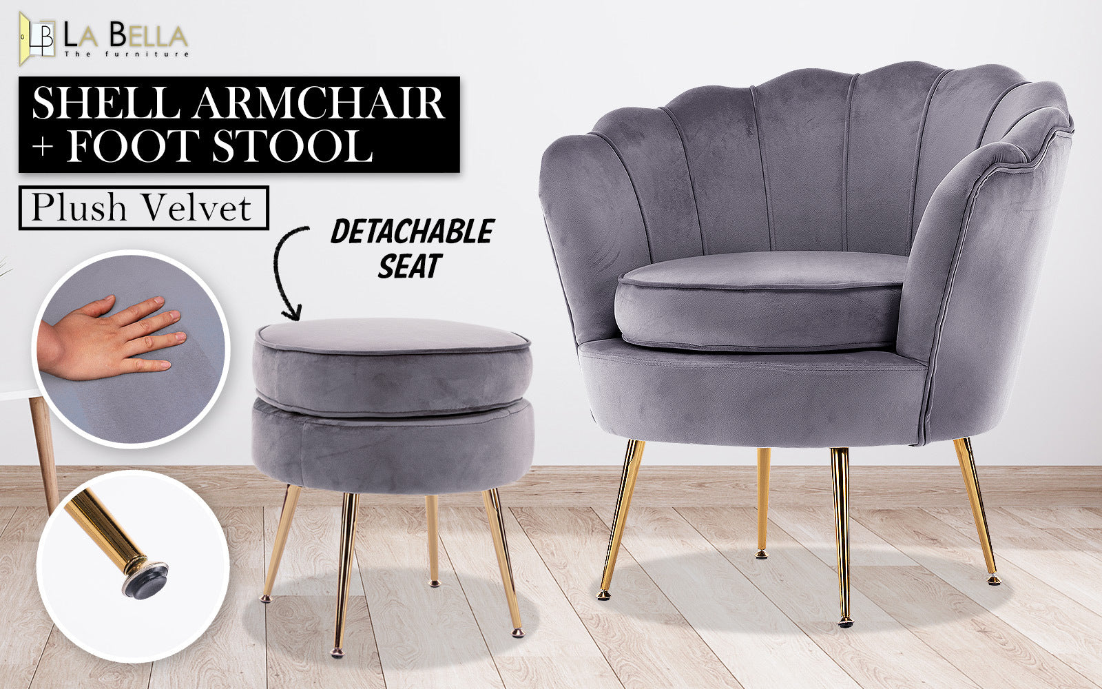 Armchair Lounge Chair Accent Velvet Shell Scallop + Ottoman Footstool Round GREY - VogueDecor.au