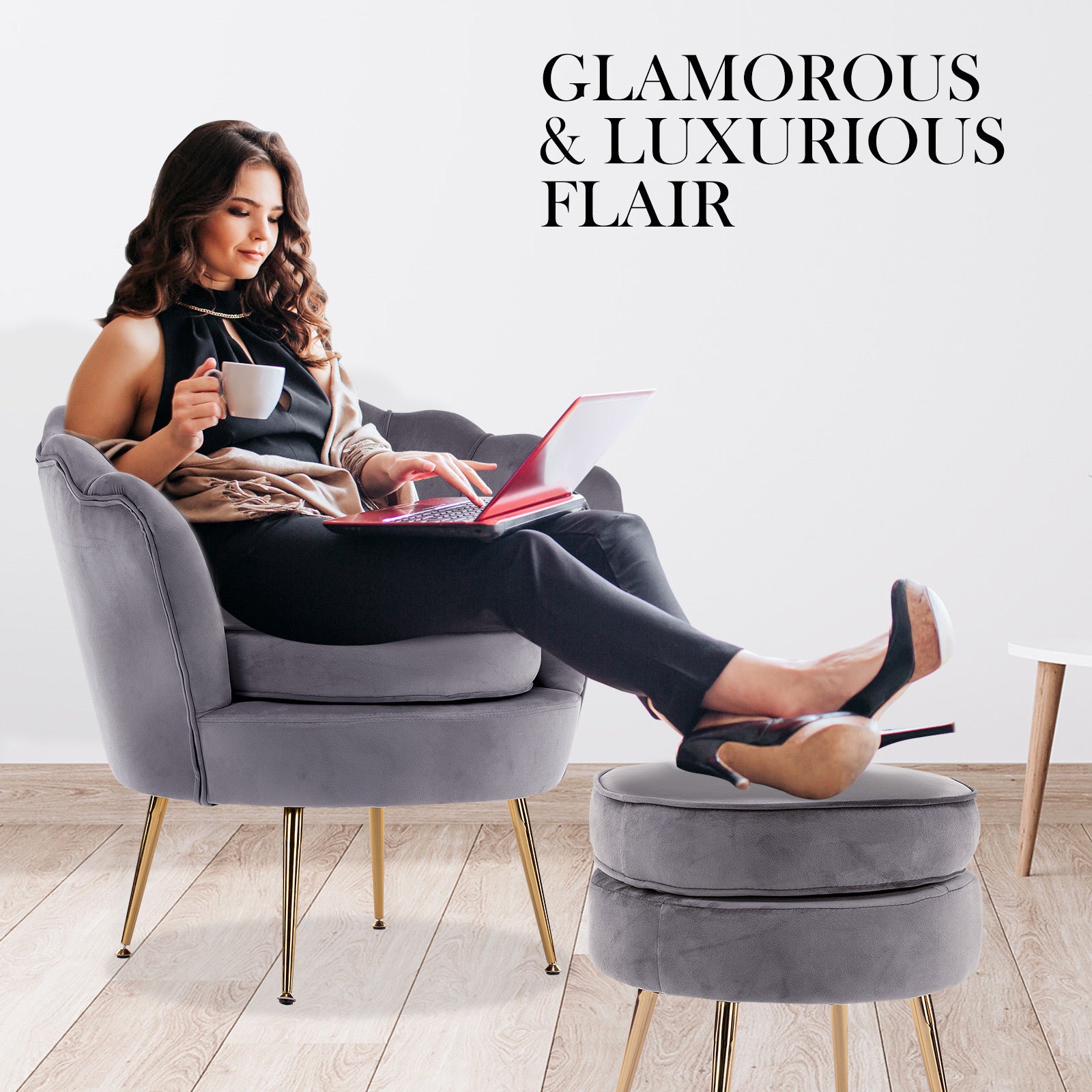 Armchair Lounge Chair Accent Velvet Shell Scallop + Ottoman Footstool Round GREY - VogueDecor.au