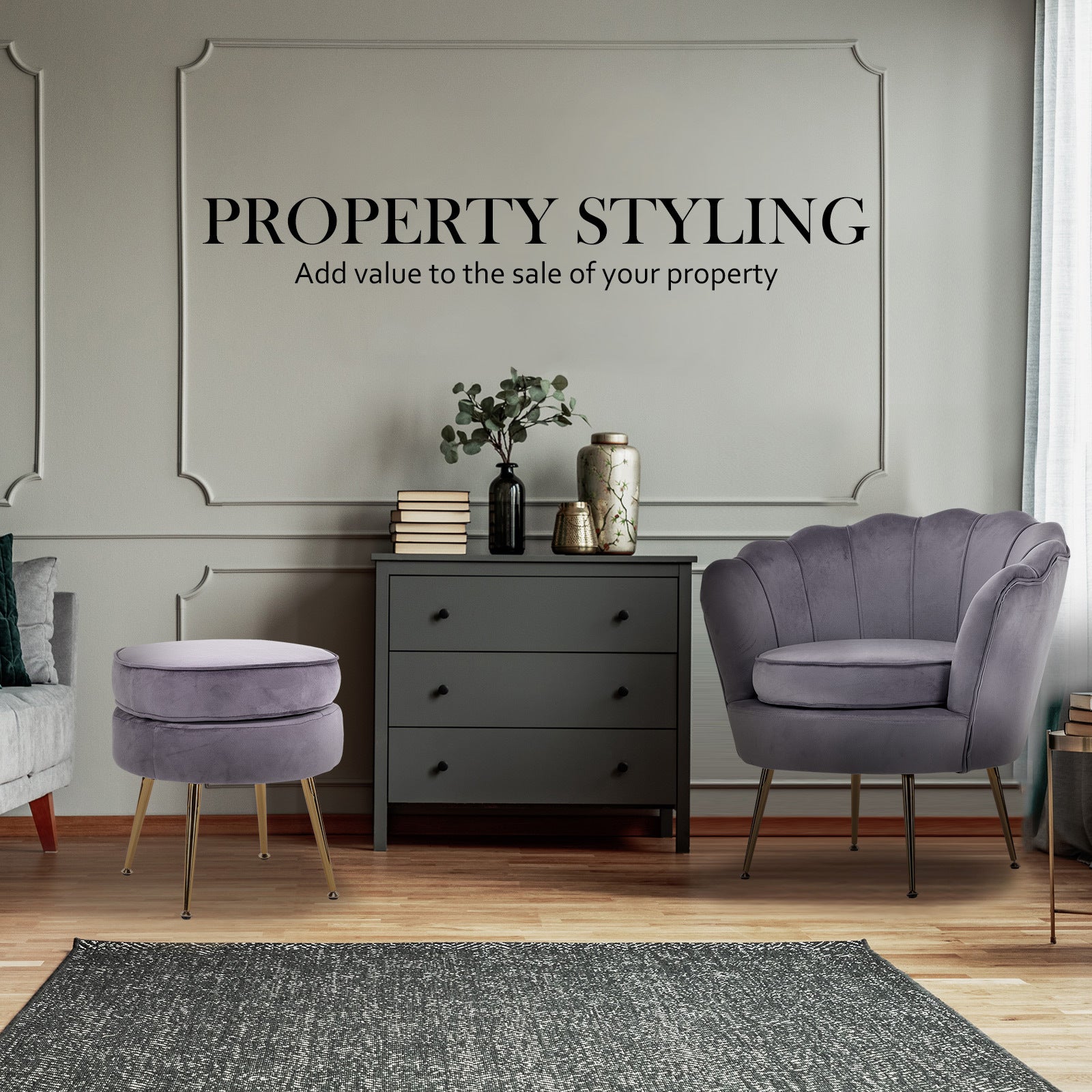 Armchair Lounge Chair Accent Velvet Shell Scallop + Ottoman Footstool Round GREY - VogueDecor.au