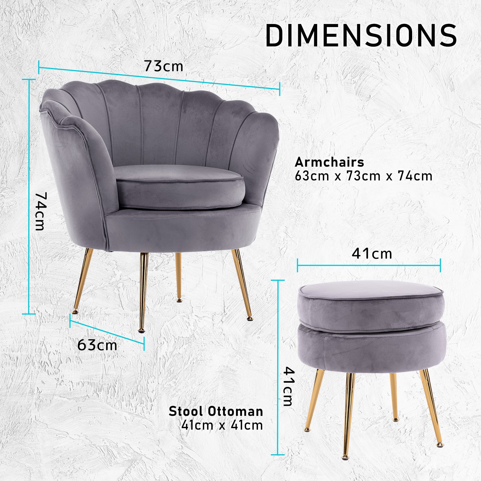 Armchair Lounge Chair Accent Velvet Shell Scallop + Ottoman Footstool Round GREY - VogueDecor.au