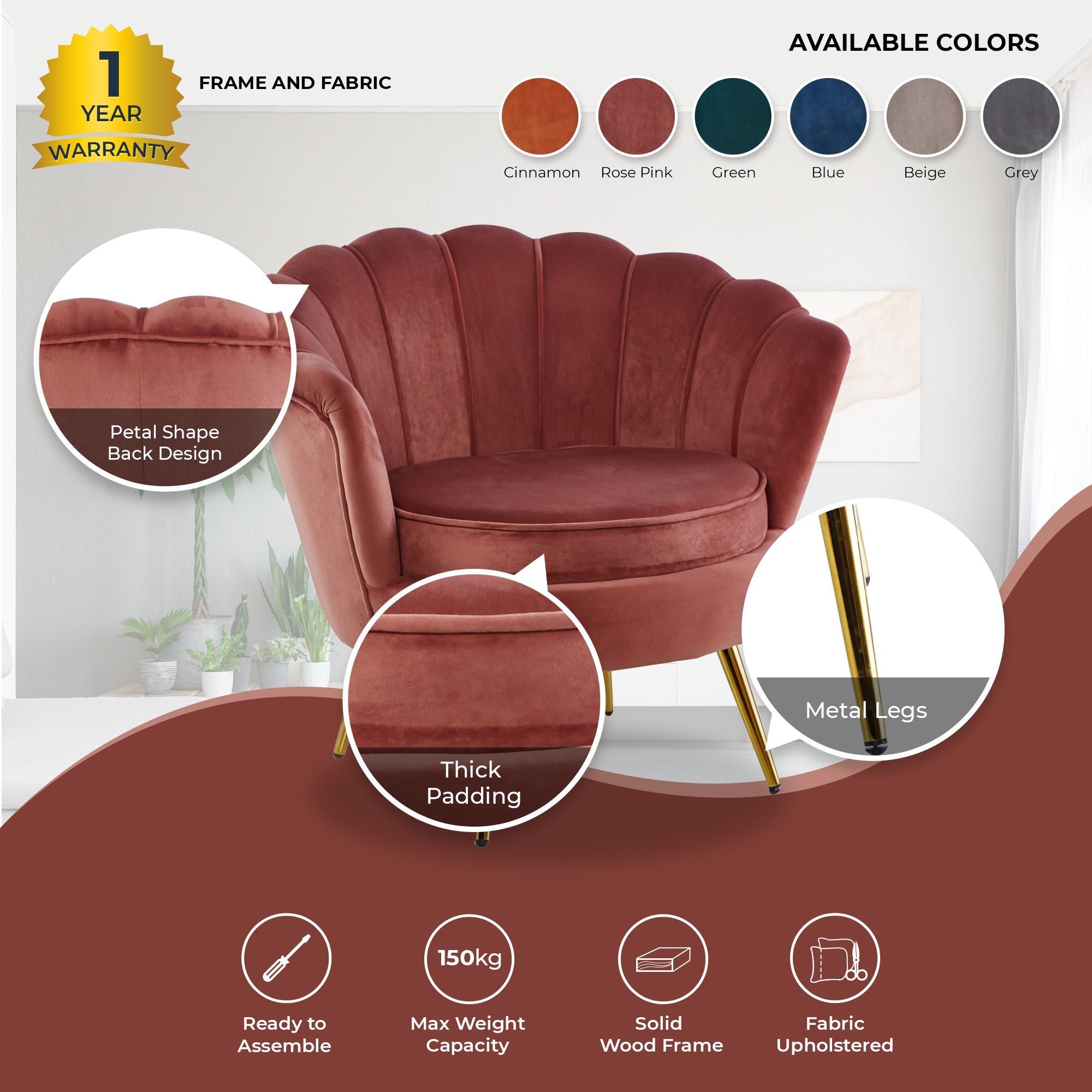 Bloomer Velvet Fabric Accent Sofa Love Chair - Rose Pink - VogueDecor.au