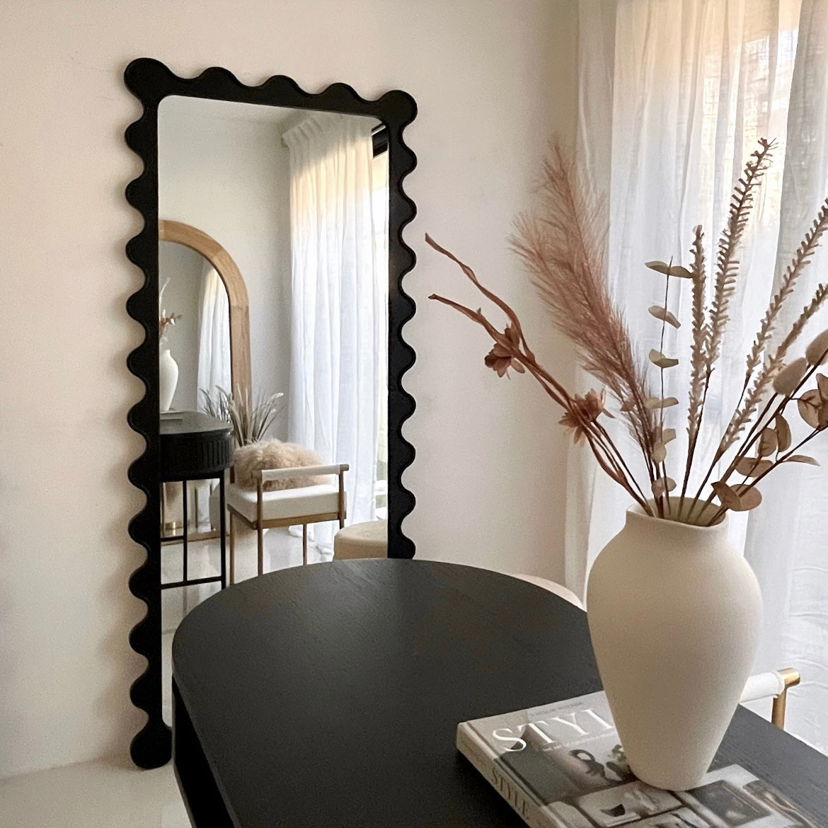 Interior Ave - Freya Scallop Mirror - Black - Large Full Length Mirror - VogueDecor.au