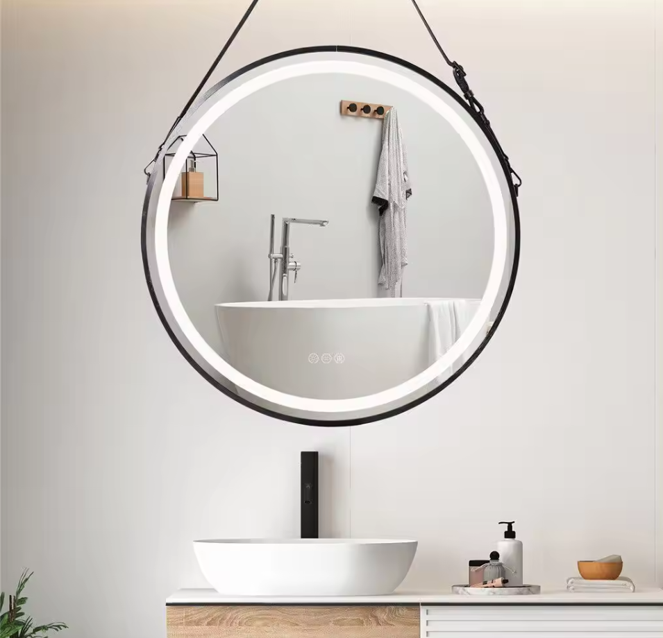 Interior Ave - LED Round Hanging Salon / Bathroom Wall Mirror - Black - 60cm - VogueDecor.au