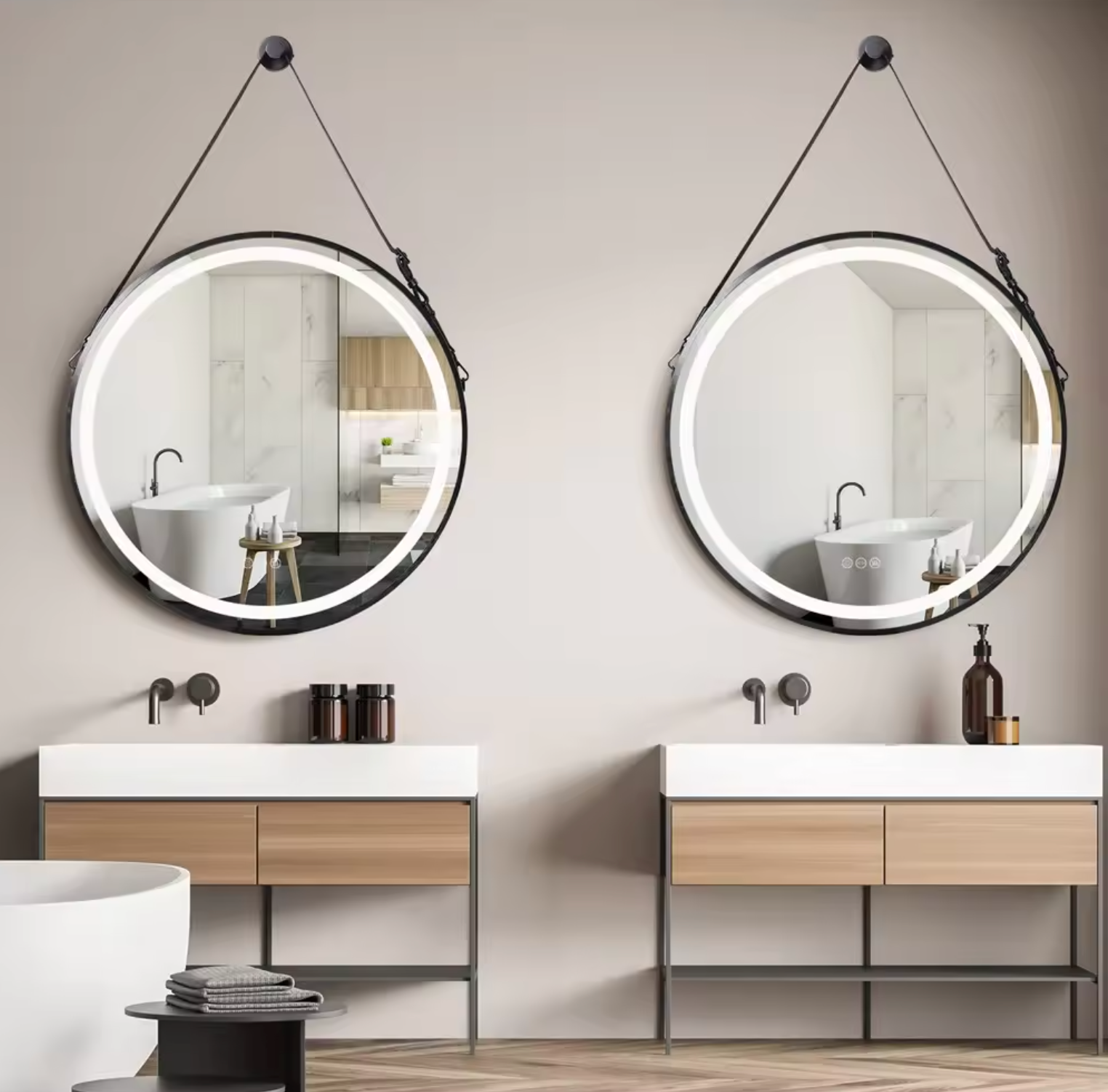 Interior Ave - LED Round Hanging Salon / Bathroom Wall Mirror - Black - 60cm - VogueDecor.au