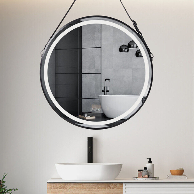 Interior Ave - LED Round Hanging Salon / Bathroom Wall Mirror - Black - 60cm - VogueDecor.au