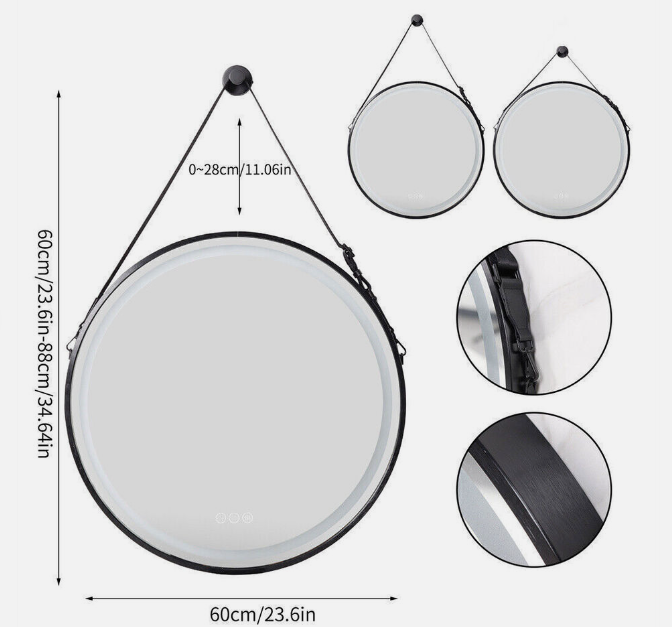 Interior Ave - LED Round Hanging Salon / Bathroom Wall Mirror - Black - 60cm - VogueDecor.au