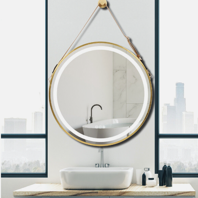 Interior Ave - LED Round Hanging Salon / Bathroom Wall Mirror - Gold - 80cm - VogueDecor.au