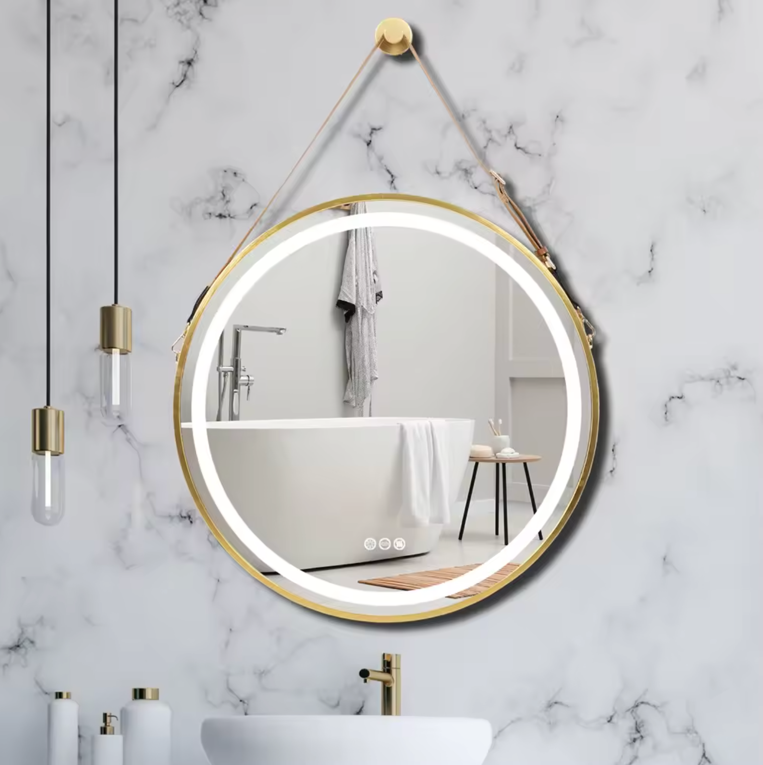 Interior Ave - LED Round Hanging Salon / Bathroom Wall Mirror - Gold - 80cm - VogueDecor.au