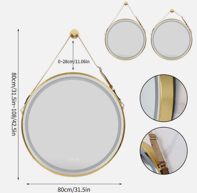 Interior Ave - LED Round Hanging Salon / Bathroom Wall Mirror - Gold - 80cm - VogueDecor.au