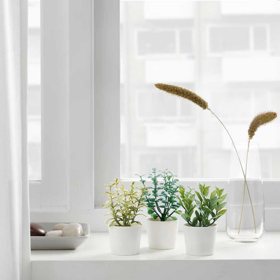 3 Pack of Artificial Herb Potted Plants in White Plastic 5cm Pot Interior Decoration - VogueDecor.au