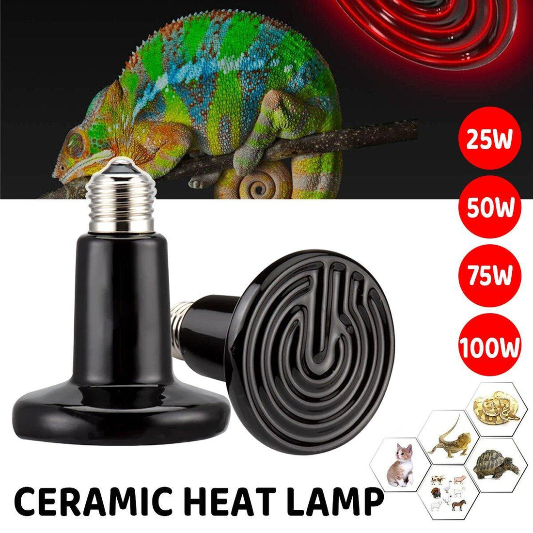 2X Ceramic Infrared Heat Lamp Bulbs for Reptiles and Terrariums - 25W-2PCS