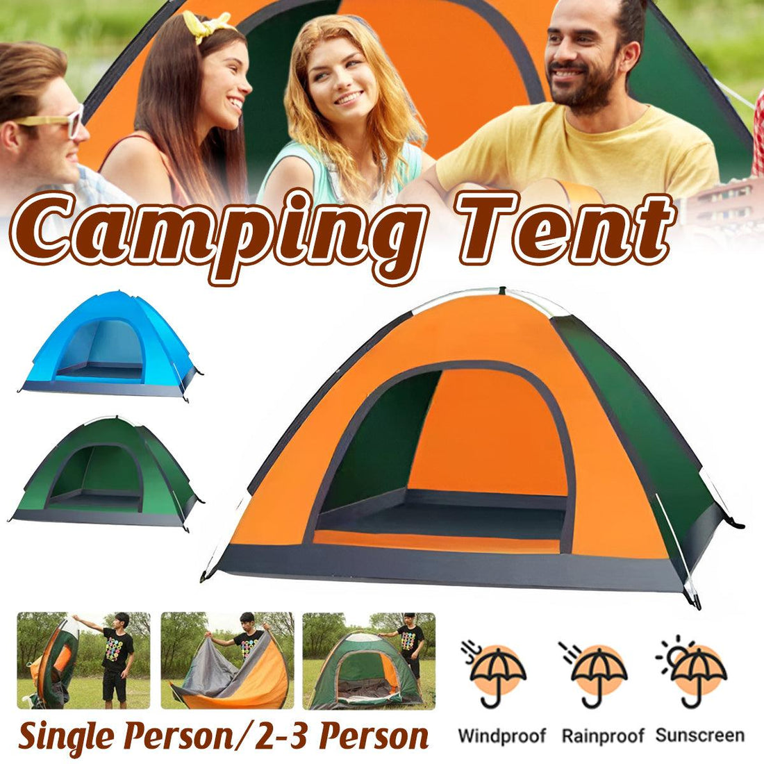 Outdoor Camping Tent Portable Sun Protection Lightweight Quick Setup Shelter - Blue 2-3 Person