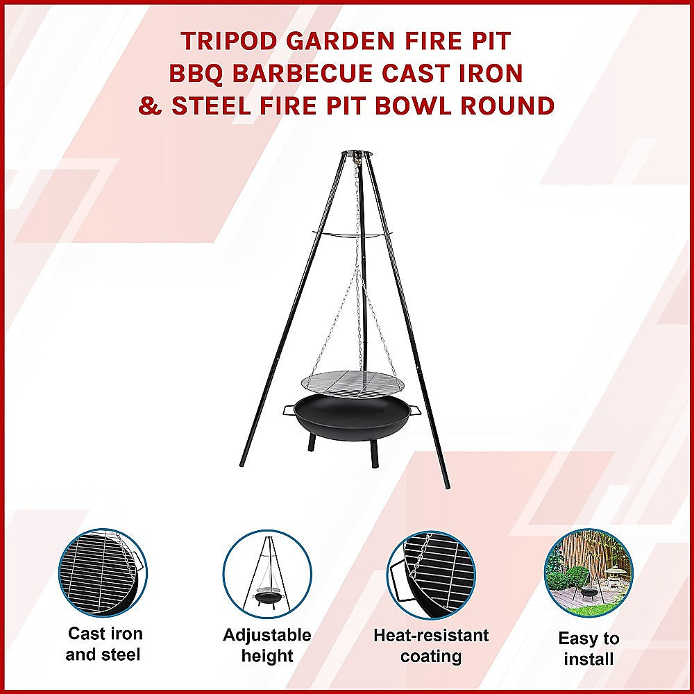 Tripod Garden Fire Pit BBQ Barbecue Cast Iron & Steel Fire Pit Bowl Round - VogueDecor.au