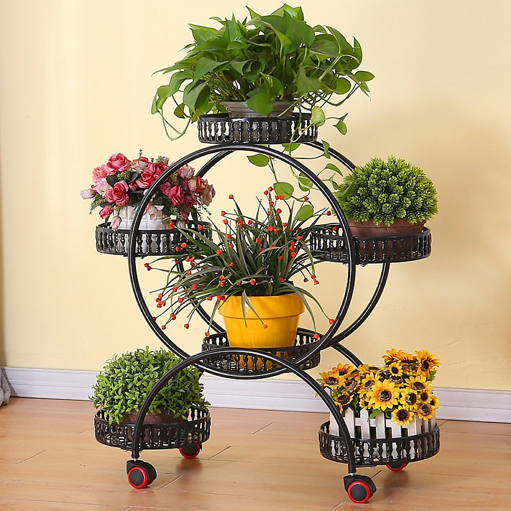 4 Layer 6 Pots Flower Holder Plant Stand Shelf 4-Wheel Free Moving Rack