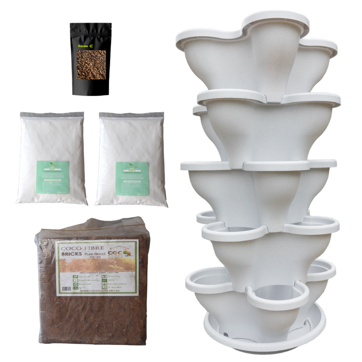 Single 5 Tier Large Verandah Planter Garden Kit (Inc Coir, A & B Nutrient and Bardee Superfly Organic Booster) - Stone White