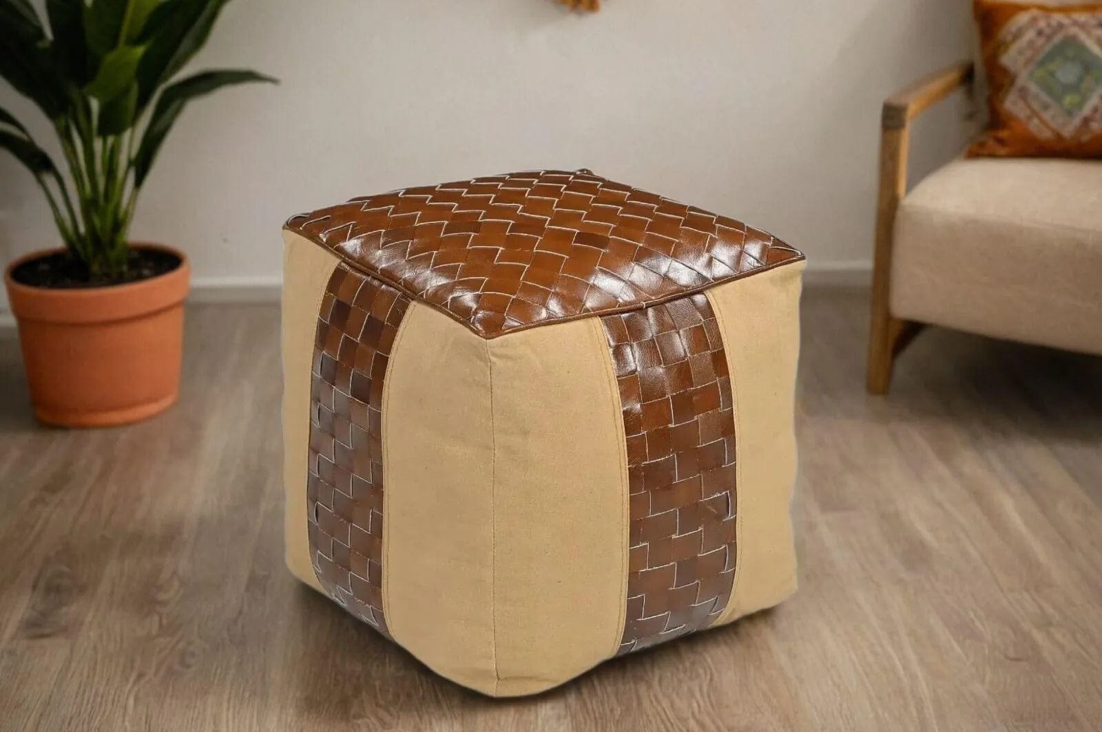 GENUINE LEATHER AND CANVAS OTTOMAN - VogueDecor.au