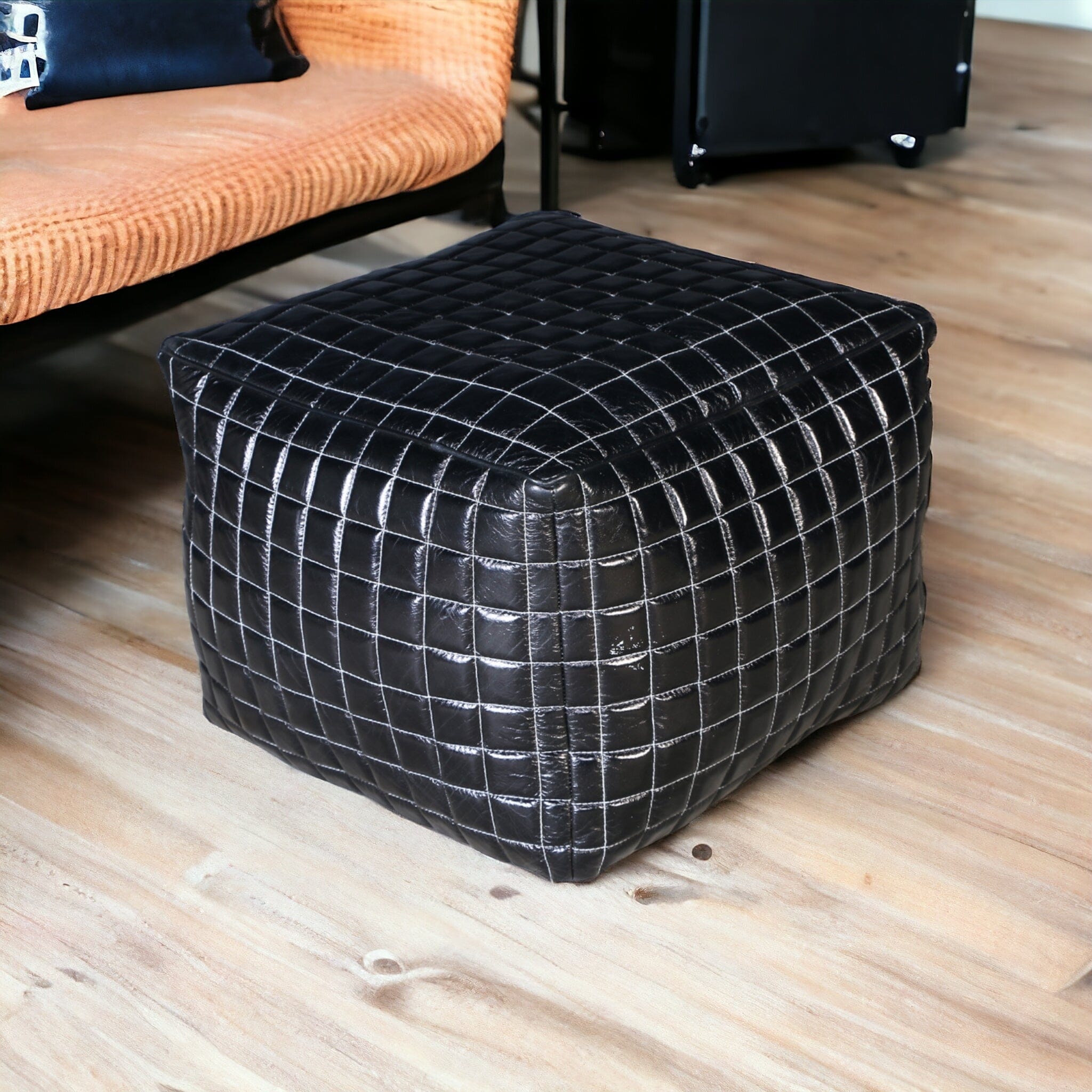 SLEEK BLACK LEATHER OTTOMAN - VogueDecor.au