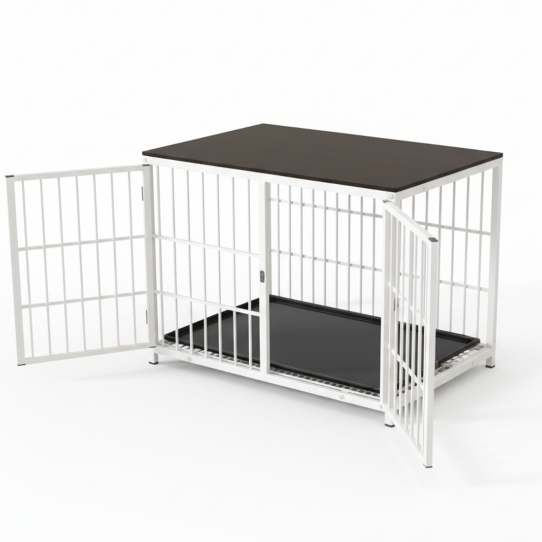 P&P White Walnut Wooden Dog Crate with 3 Doors, Tray and Stylish Furniture End Table