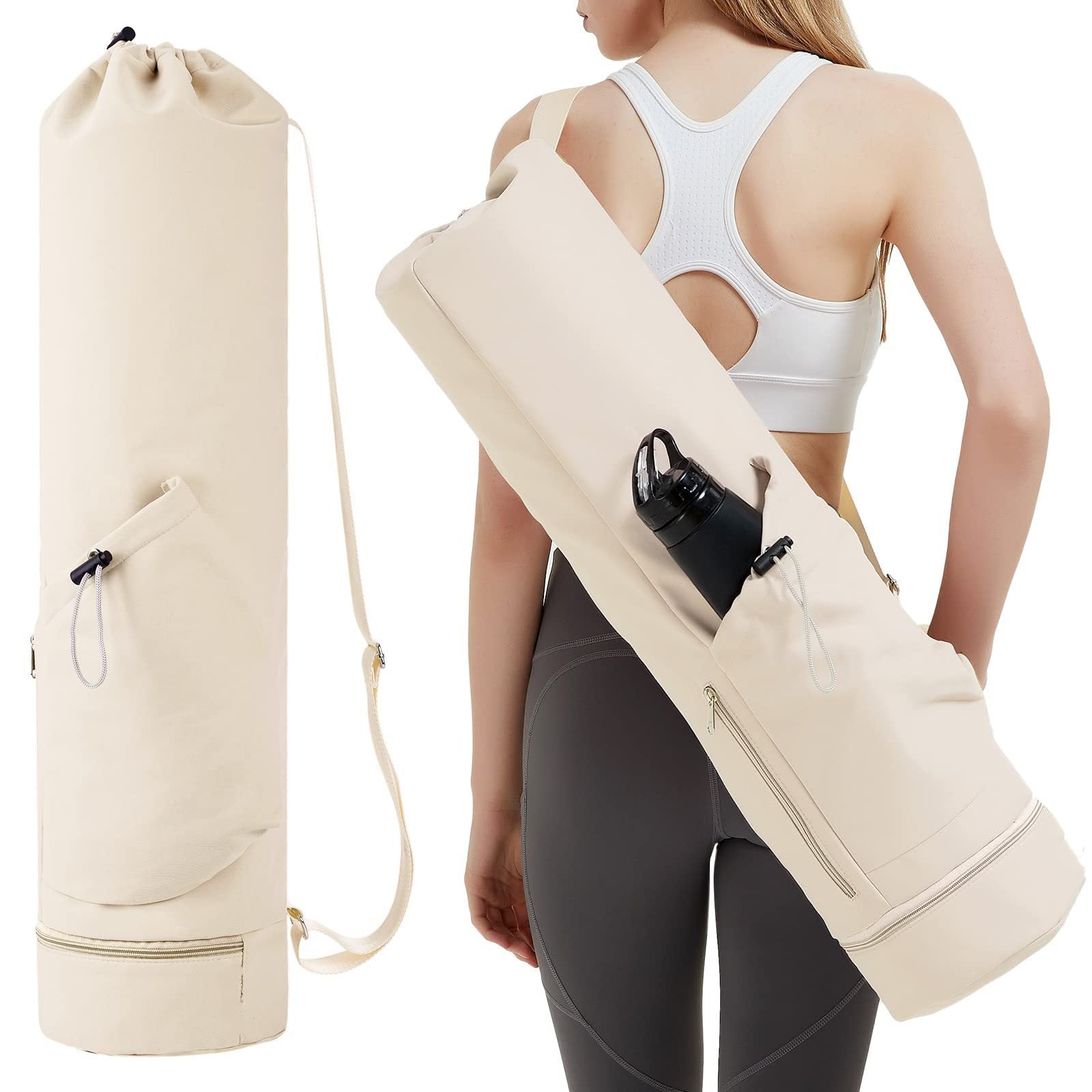 Off White Durable Yoga Mat Carry Bag - Multi-Functional Fitness Backpack with Wet Pocket(Mugs are filming props, not included) - VogueDecor.au