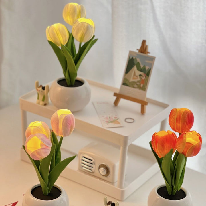 Pink Flowers USB Tulip Night Light - Bedroom Decor Table Lamp with PU Flowers & Ceramic Pot, Perfect Gift for Family & Friends - VogueDecor.au