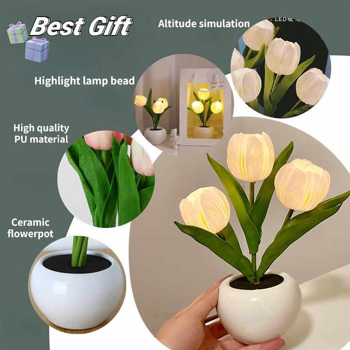 Pink Flowers USB Tulip Night Light - Bedroom Decor Table Lamp with PU Flowers & Ceramic Pot, Perfect Gift for Family & Friends - VogueDecor.au