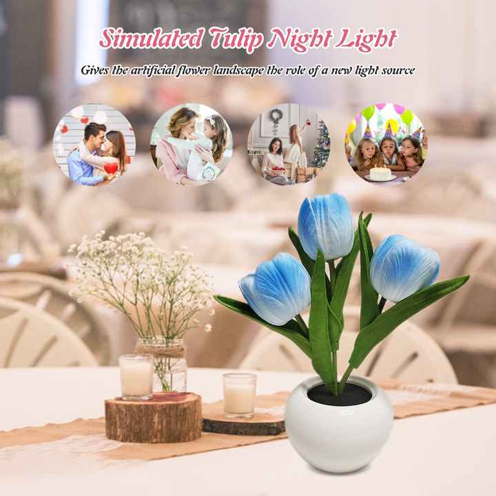 Pink Flowers USB Tulip Night Light - Bedroom Decor Table Lamp with PU Flowers & Ceramic Pot, Perfect Gift for Family & Friends - VogueDecor.au