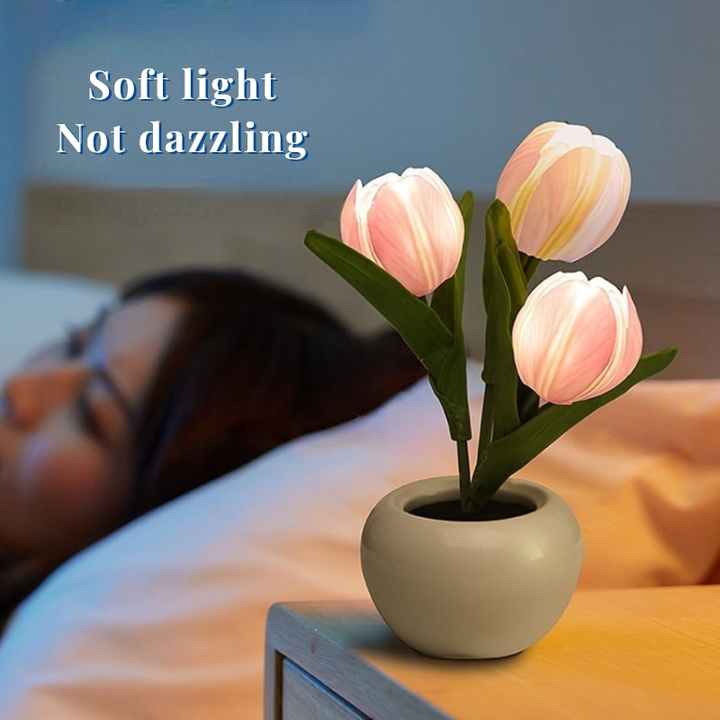Pink Flowers USB Tulip Night Light - Bedroom Decor Table Lamp with PU Flowers & Ceramic Pot, Perfect Gift for Family & Friends - VogueDecor.au