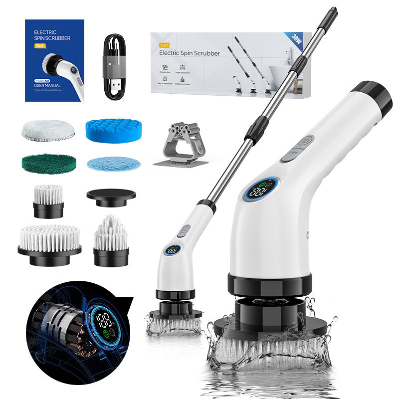 Black and white 9-in-1 Cordless Electric Cleaning Brush with Rechargeable Battery and Extendable Handle, Multi-Function Scrubber for Kitchen, Bathroom, and Home Cleaning - VogueDecor.au