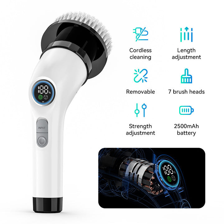 Black and white 9-in-1 Cordless Electric Cleaning Brush with Rechargeable Battery and Extendable Handle, Multi-Function Scrubber for Kitchen, Bathroom, and Home Cleaning - VogueDecor.au