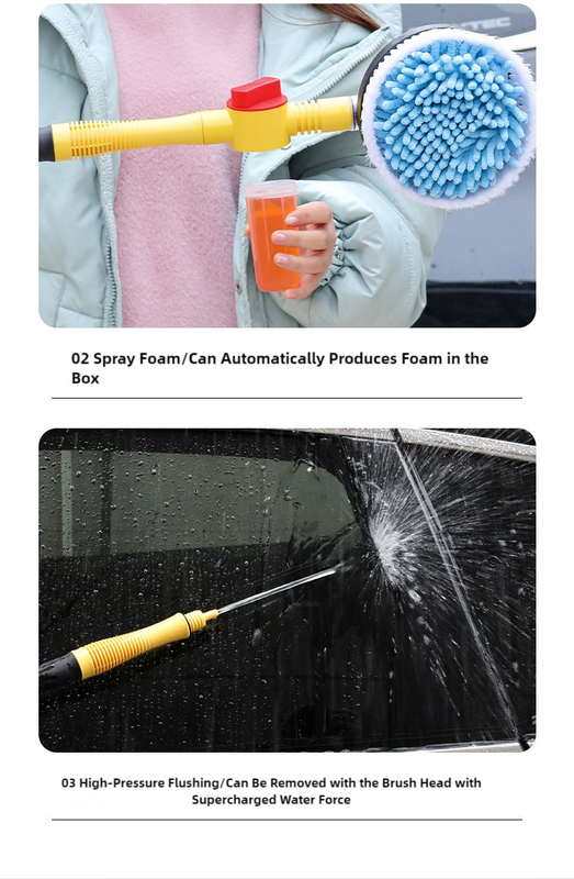 Yellow and Black Rotating Car Washing Brush with Foam Sprayer, High-Pressure Cleaning Tool, 5m Hose Kit for Convenient Vehicle Cleaning - VogueDecor.au