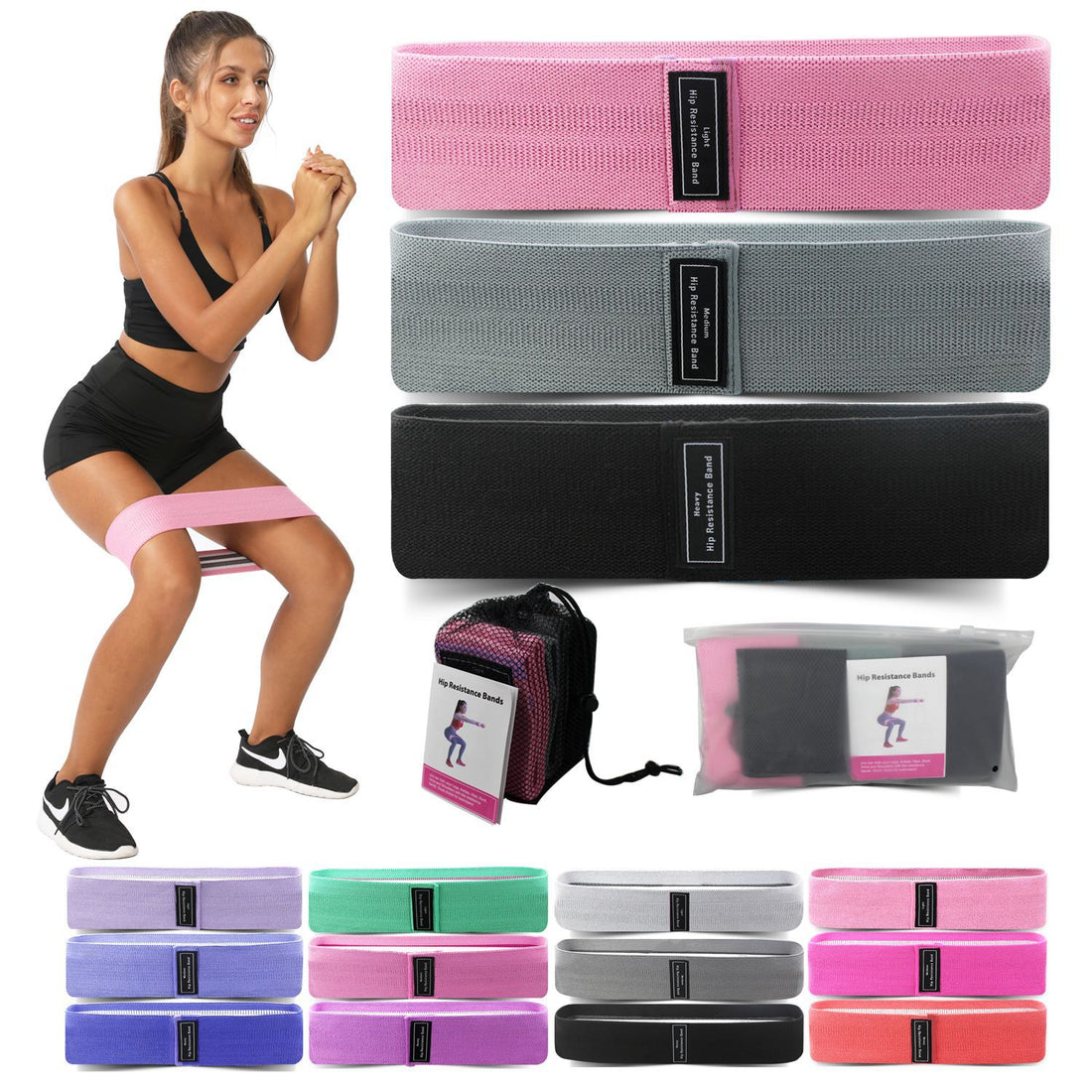 Purple Colour Scheme Fabric Resistance Bands Set - 3 Levels Non-Slip Hip Bands for Strength Training