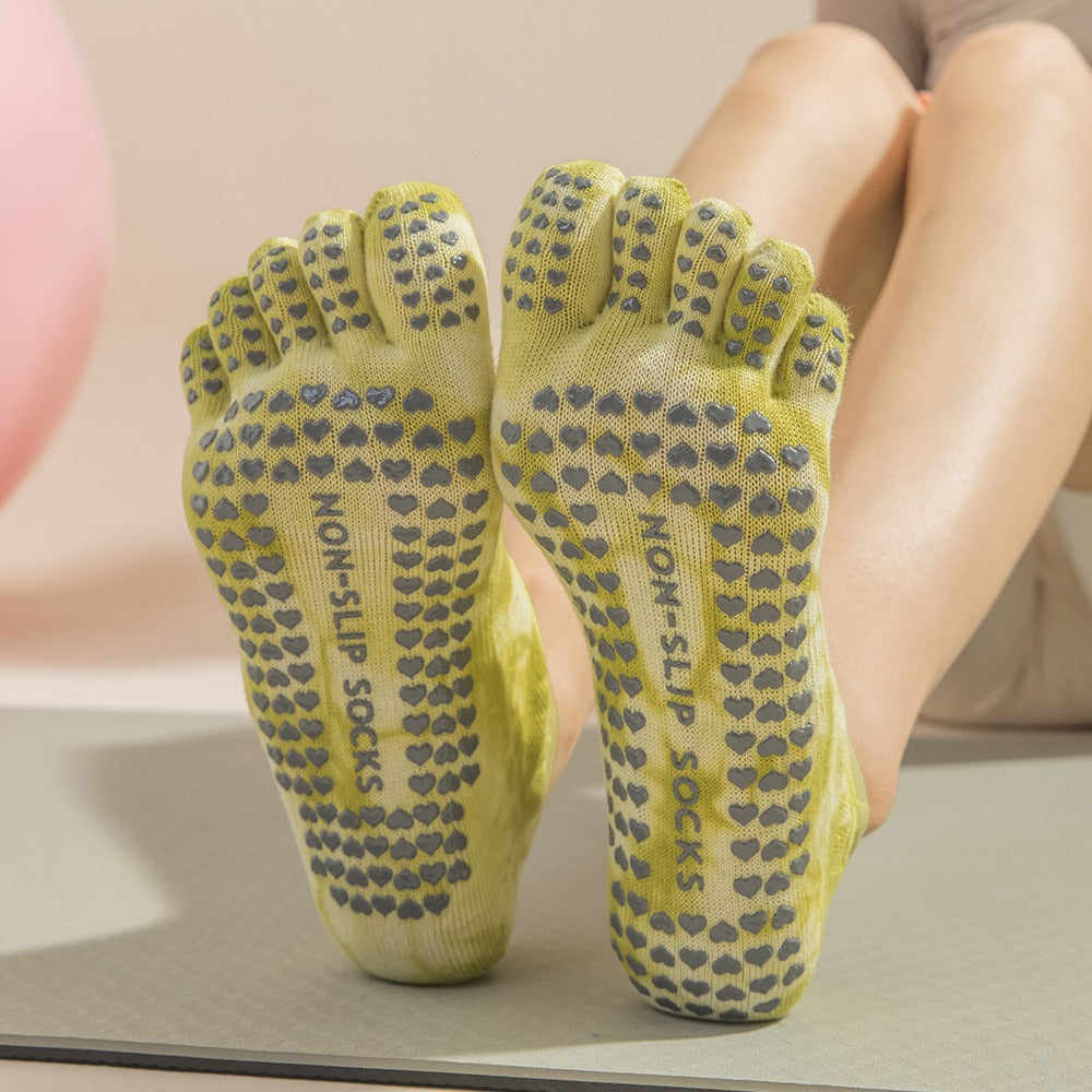 2 pairs Black tie-dye Non-Slip Yoga Socks for Women - Five-Toe Cotton Blend Socks for Pilates and Indoor Sports