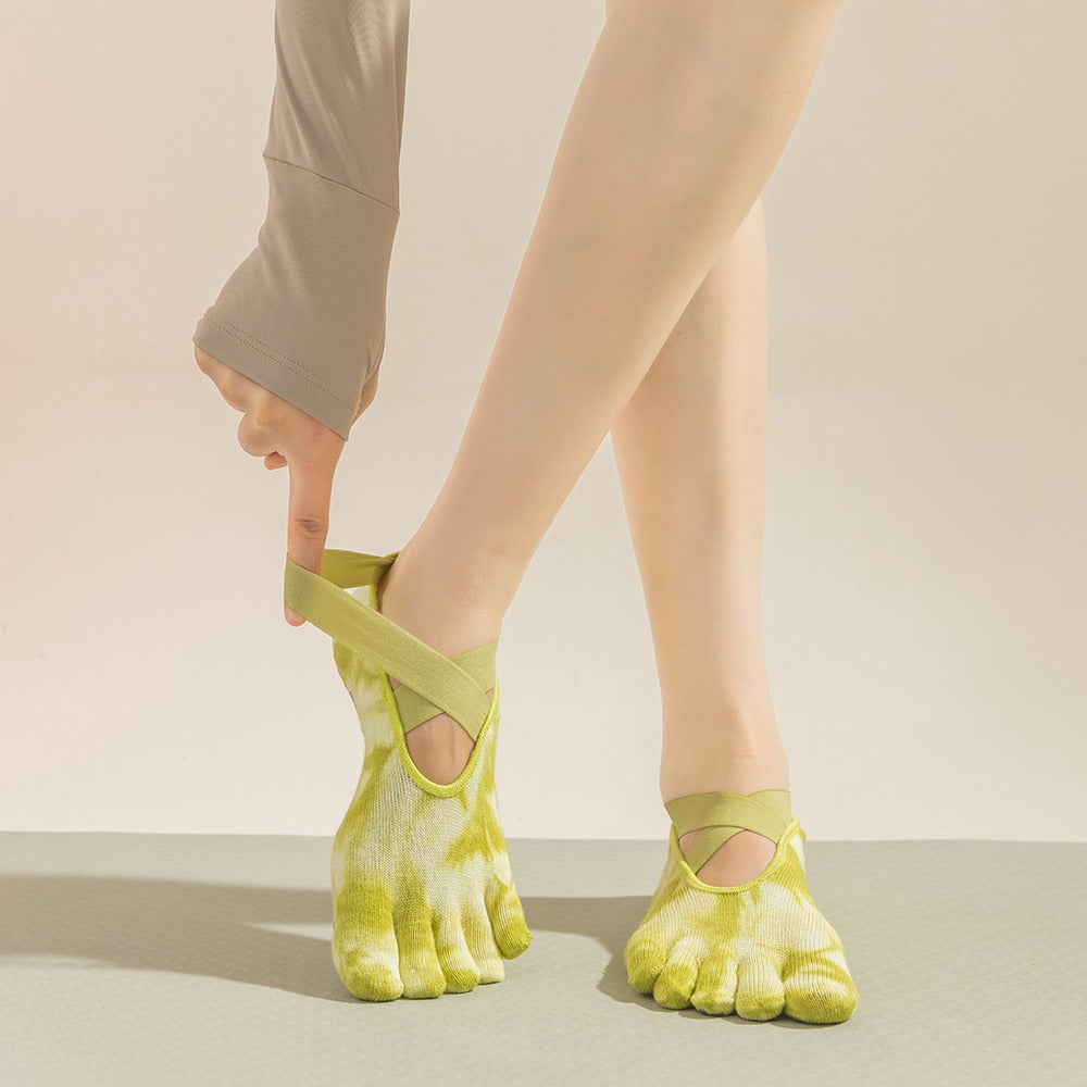 2 Pairs Light Green Tie-Dye Non-Slip Yoga Socks for Women - Five-Toe Cotton Blend Socks for Pilates and Indoor Sports