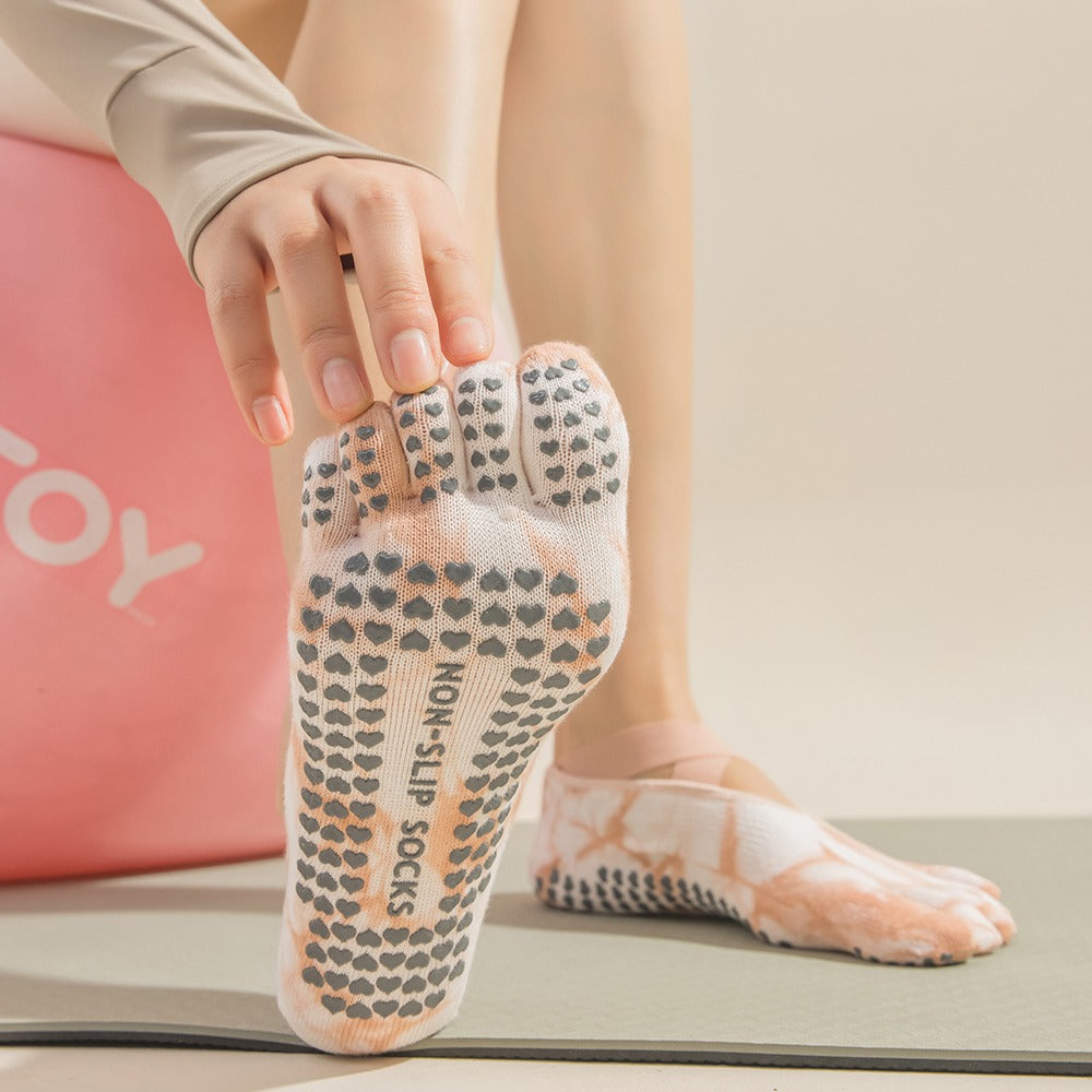 2 Pairs Blue Tie-Dye Non-Slip Yoga Socks for Women - Five-Toe Cotton Blend Socks for Pilates and Indoor Sports