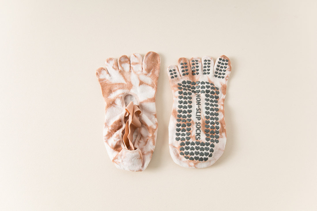 2 Pairs Pink Tie-Dye Non-Slip Yoga Socks for Women - Five-Toe Cotton Blend Socks for Pilates and Indoor Sports