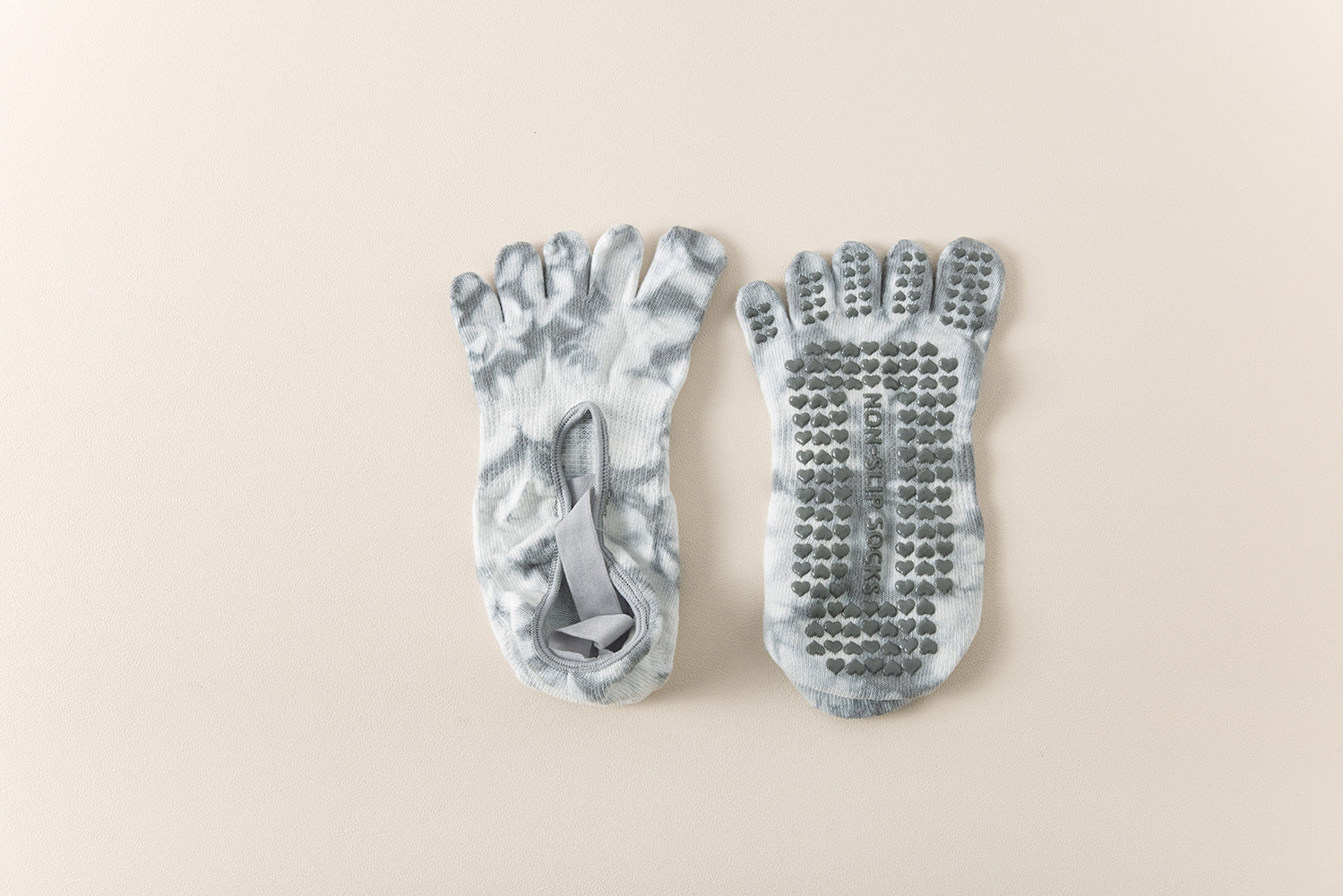 2 Pairs Grey Tie-Dye Non-Slip Yoga Socks for Women - Five-Toe Cotton Blend Socks for Pilates and Indoor Sports