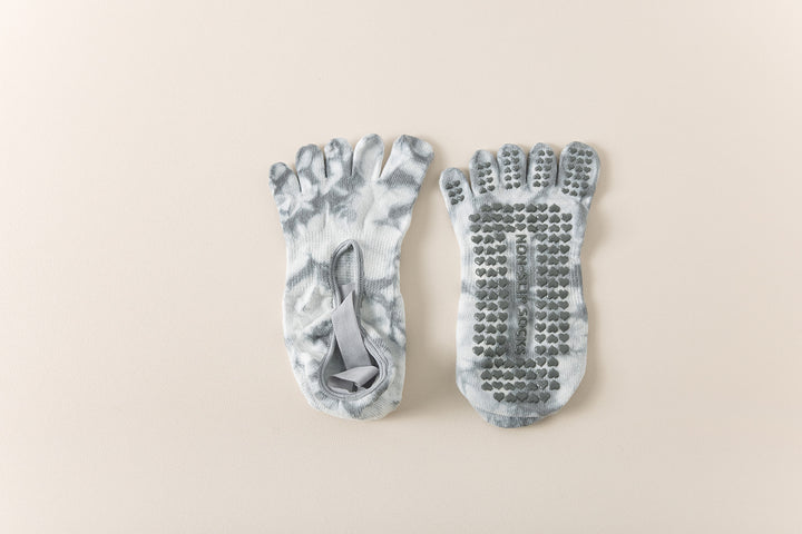 2 Pairs Grey Tie-Dye Non-Slip Yoga Socks for Women - Five-Toe Cotton Blend Socks for Pilates and Indoor Sports