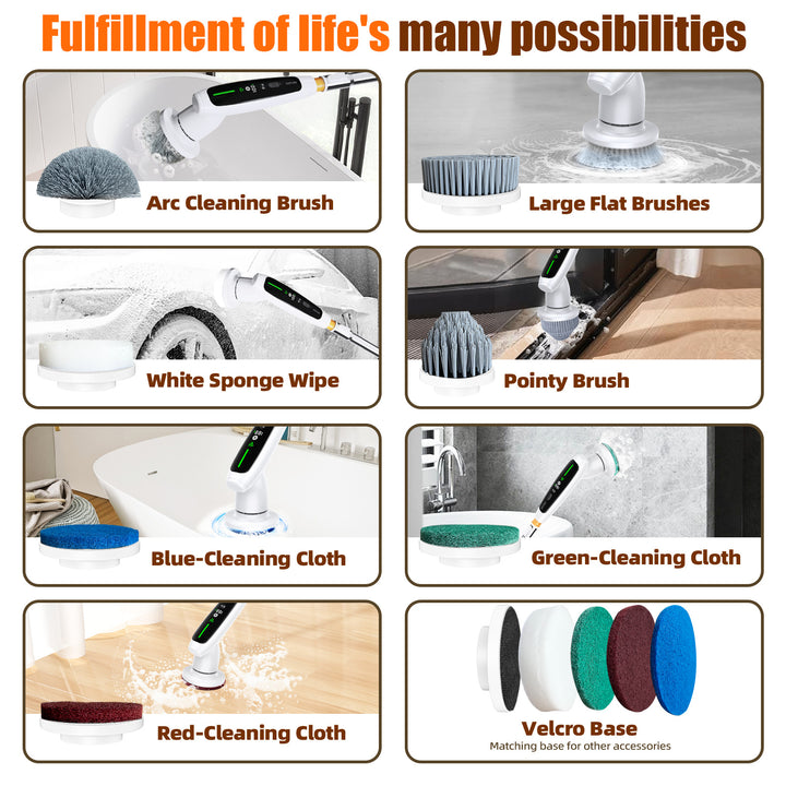 Electric Spin Scrubber with Adjustable Extension Handle & 8 Brush Heads - Smart LED Display - VogueDecor.au
