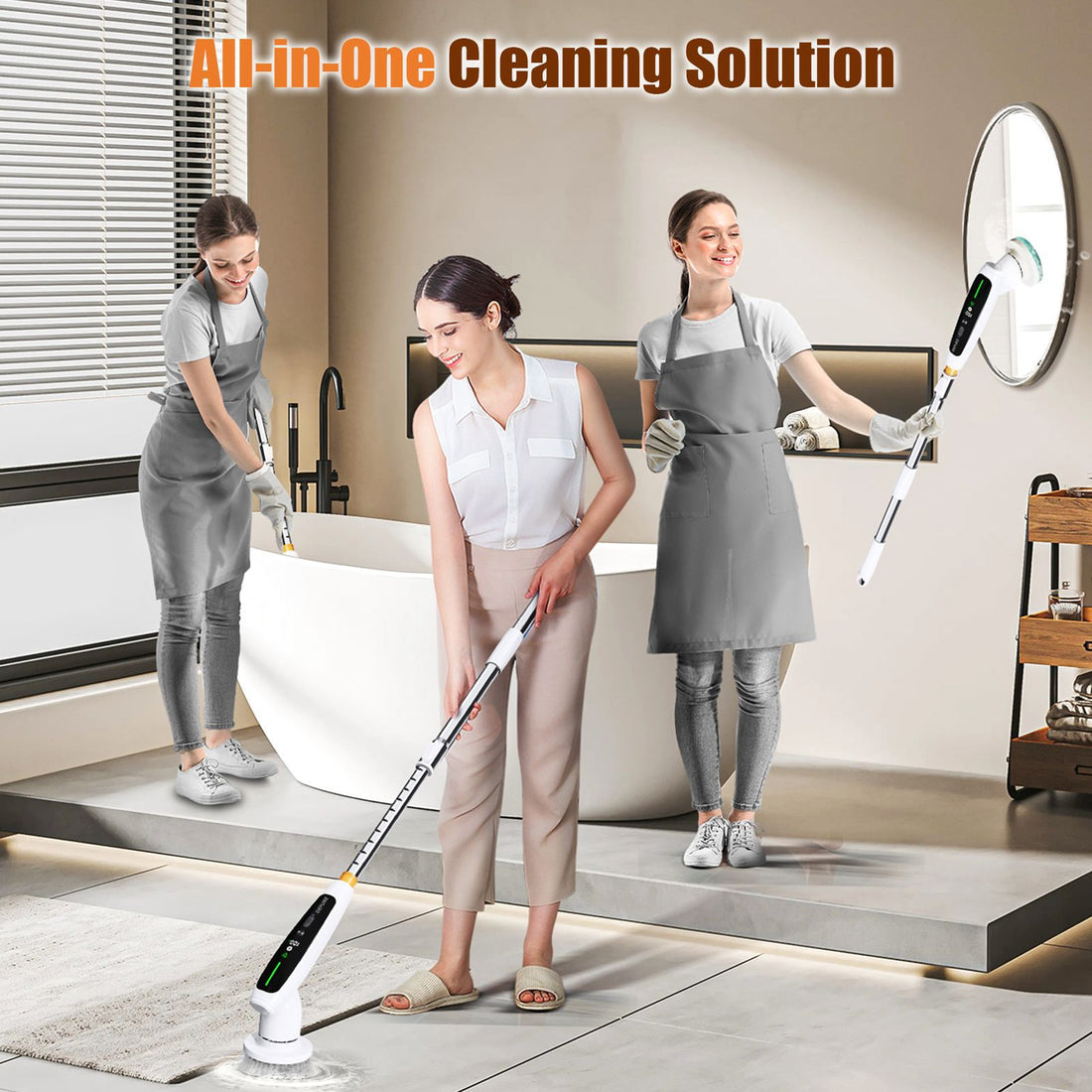 Electric Spin Scrubber with Adjustable Extension Handle & 8 Brush Heads - Smart LED Display - VogueDecor.au