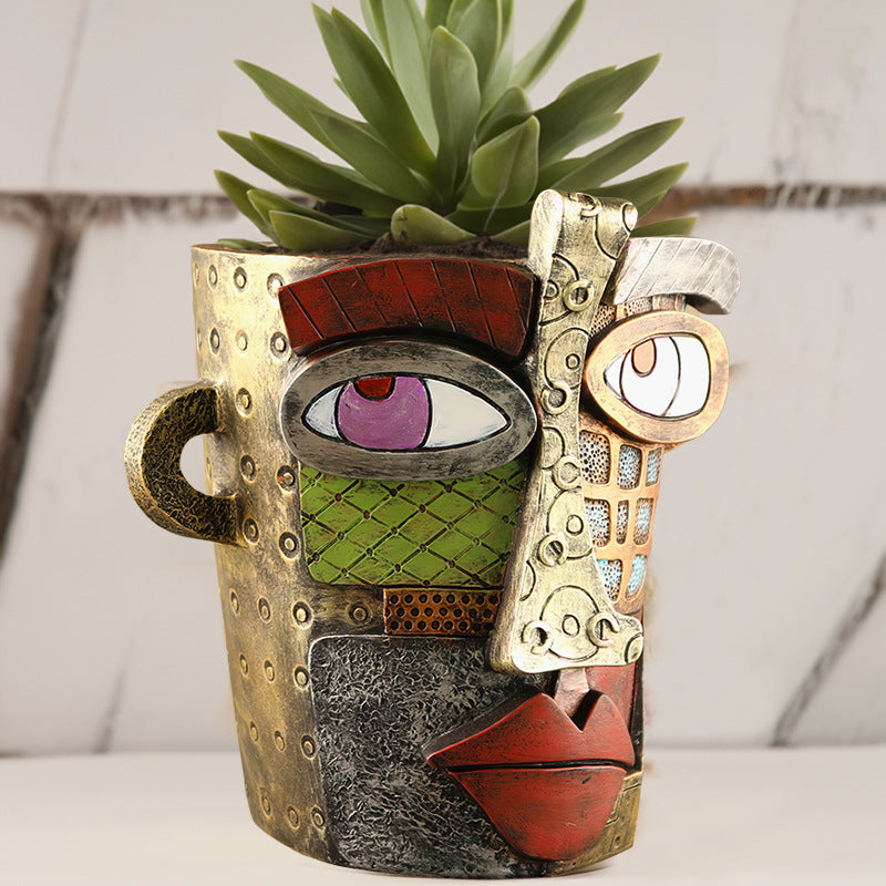 Abstract Face Planter Pot - Artistic Resin Decor for Succulents & Plants (Antique Style - 18.5*18*15CM) - VogueDecor.au