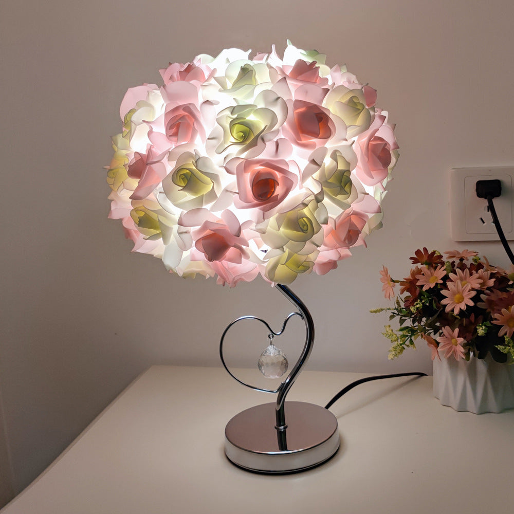 Red Roses And Silver Base Romantic Red Rose Flower Table Lamp - Crystal Heart Accent Bedside Night Light - VogueDecor.au