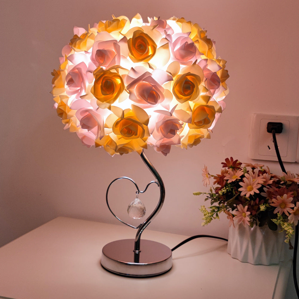 Pink,Yellow Roses And Silver Base Romantic Red Rose Flower Table Lamp - Crystal Heart Accent Bedside Night Light - VogueDecor.au