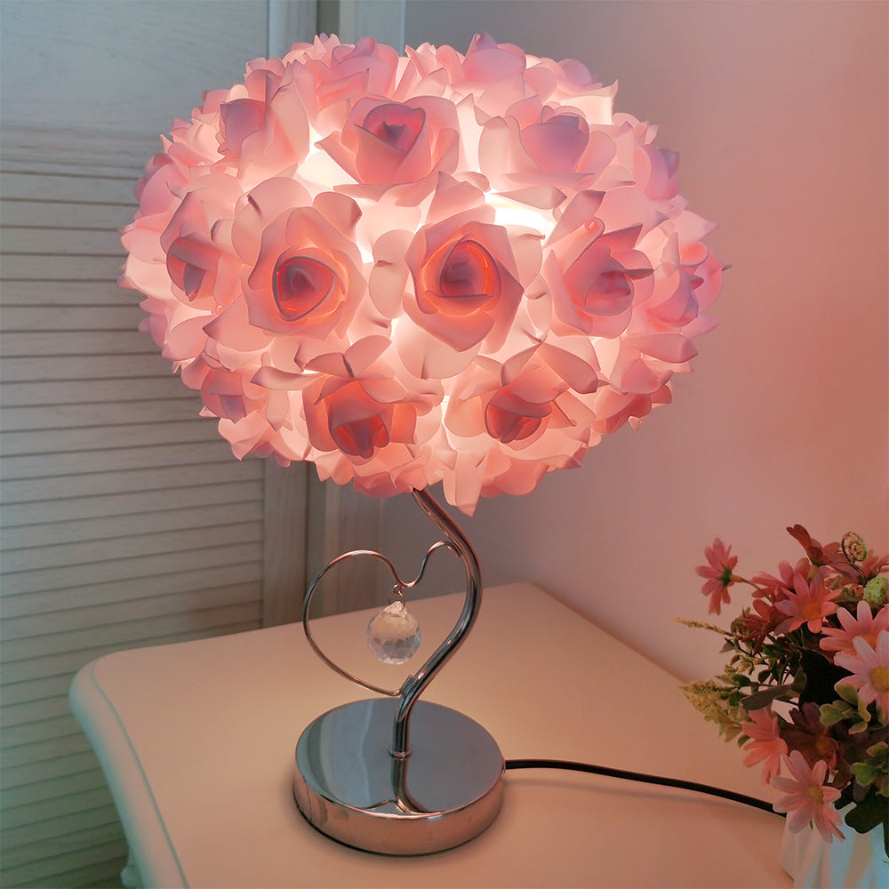 Beige Roses And Silver Base Romantic Red Rose Flower Table Lamp - Crystal Heart Accent Bedside Night Light - VogueDecor.au