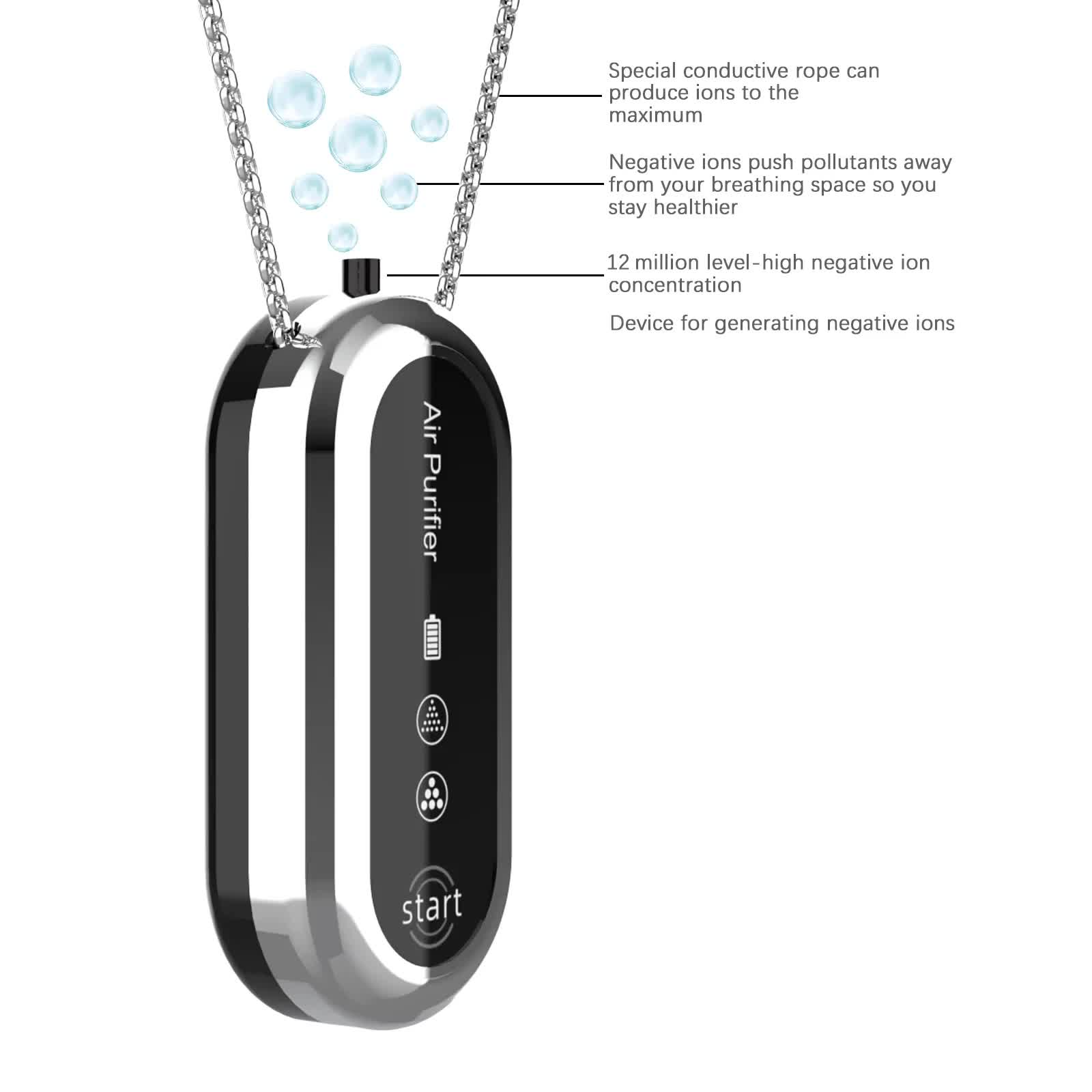 Black Personal Wearable Air Purifier Necklace - USB Rechargeable Ionizer for Cleaner Air On-The-Go - VogueDecor.au